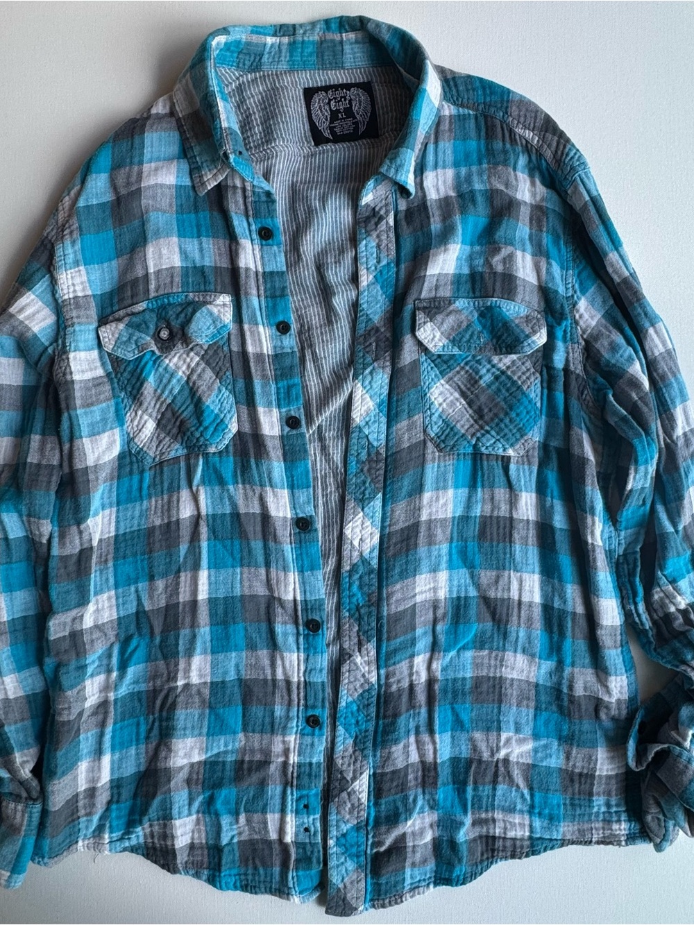 Eighty Eight Teal Gray White Plaid Lightweight Shirt Jacket